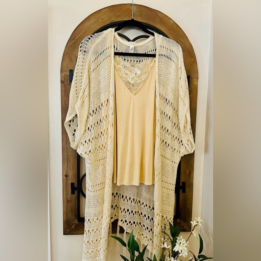 2 Piece Set POL Cream Crochet Cardigan and Tan Top Set